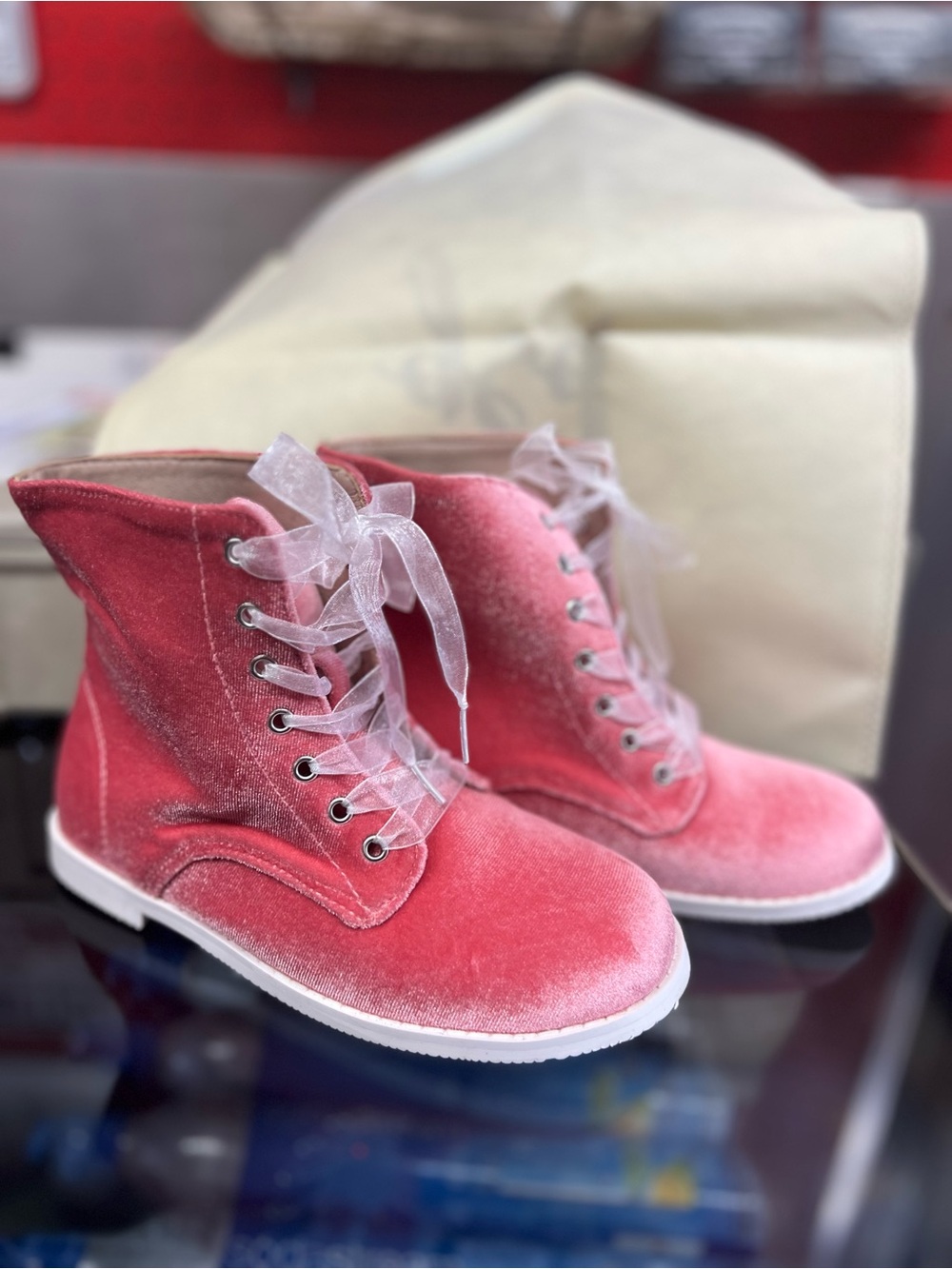 bebe Pink Velvet Lace-Up Kids Boots with Sheer Ribbon Laces